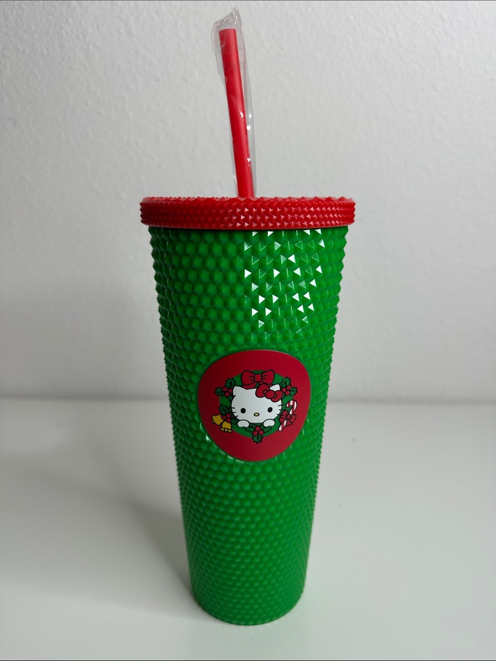 Hello Kitty Green Studded Tumbler with Red Lid and Straw